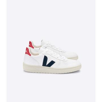 Veja V-10 LEATHER Women's Sneakers White/Black/Red | NZ 664NWY